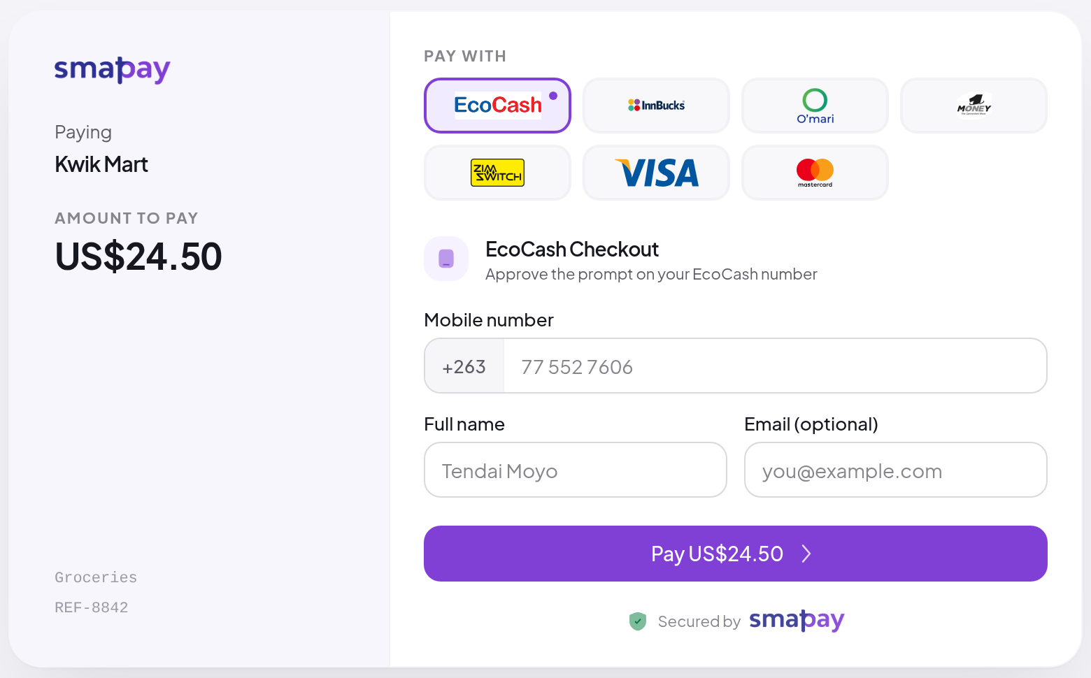 The SmatPay hosted checkout: Kwik Mart is being paid US$24.50, with EcoCash, InnBucks, O'mari, ZimSwitch, Visa and Mastercard to choose from