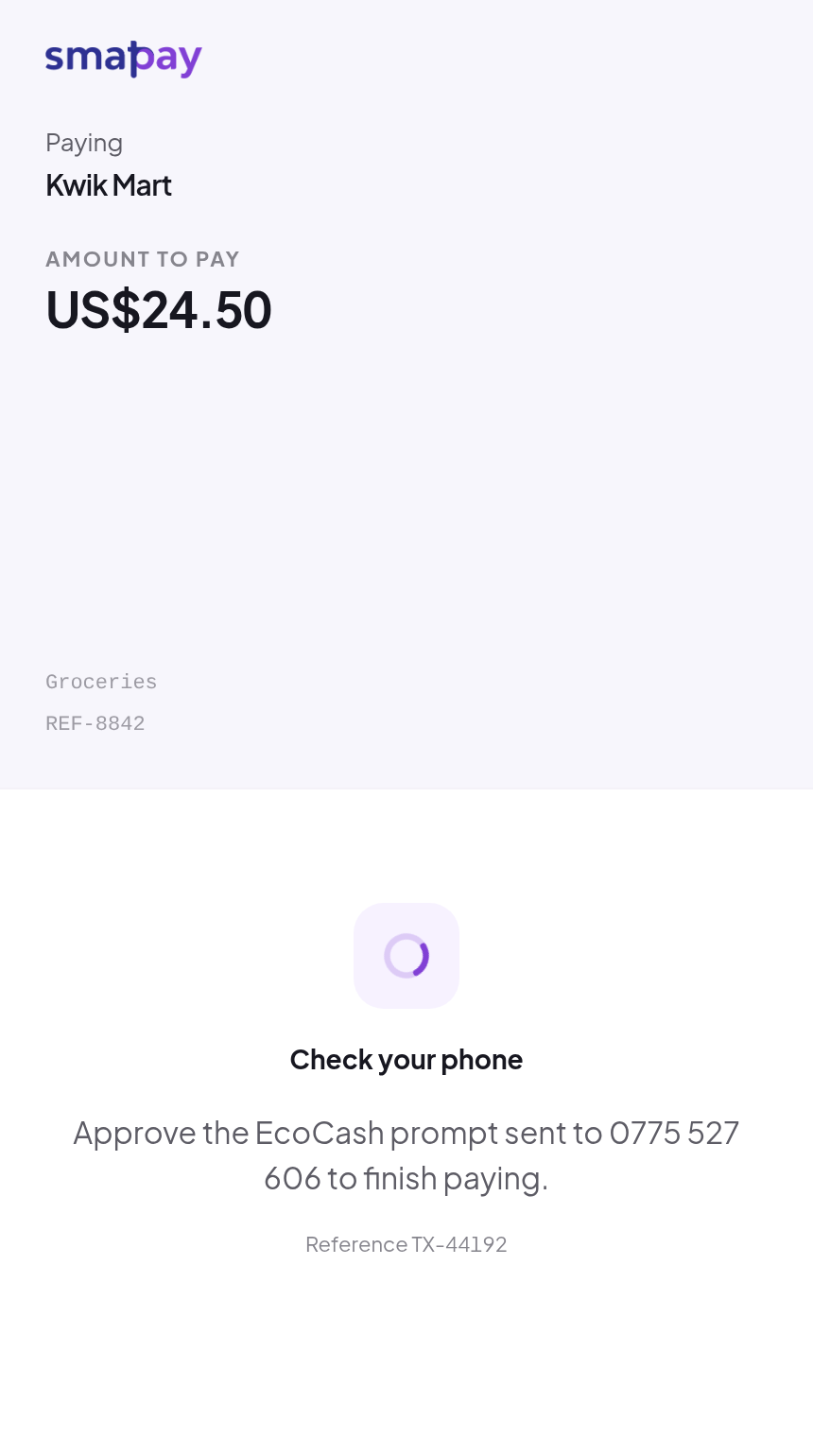 Checkout asking the customer to approve the EcoCash prompt sent to their phone